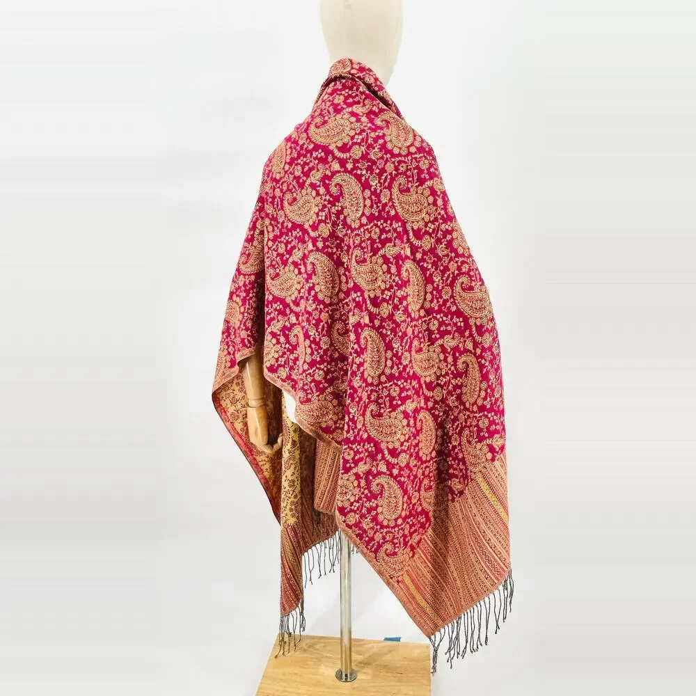 Pashmina Pink Yellow Paisley Turkish Woven Fringe Oversized Shawl Wrap